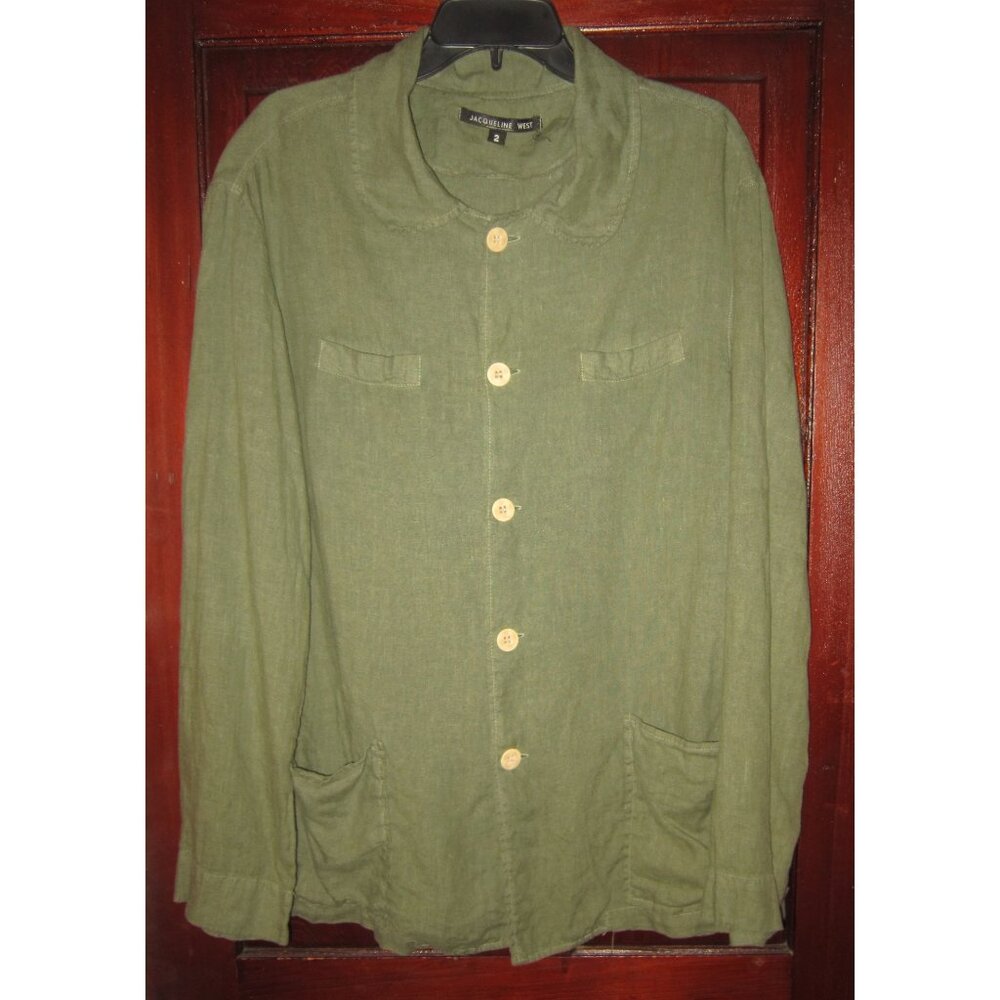 Jacqueline West 2 S M Linen Shirt Jacket Shaket Coat Green Button Pockets Cargo